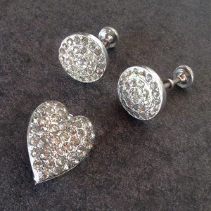 Vintage Paved Rhinestone Earrings and Heart Pin